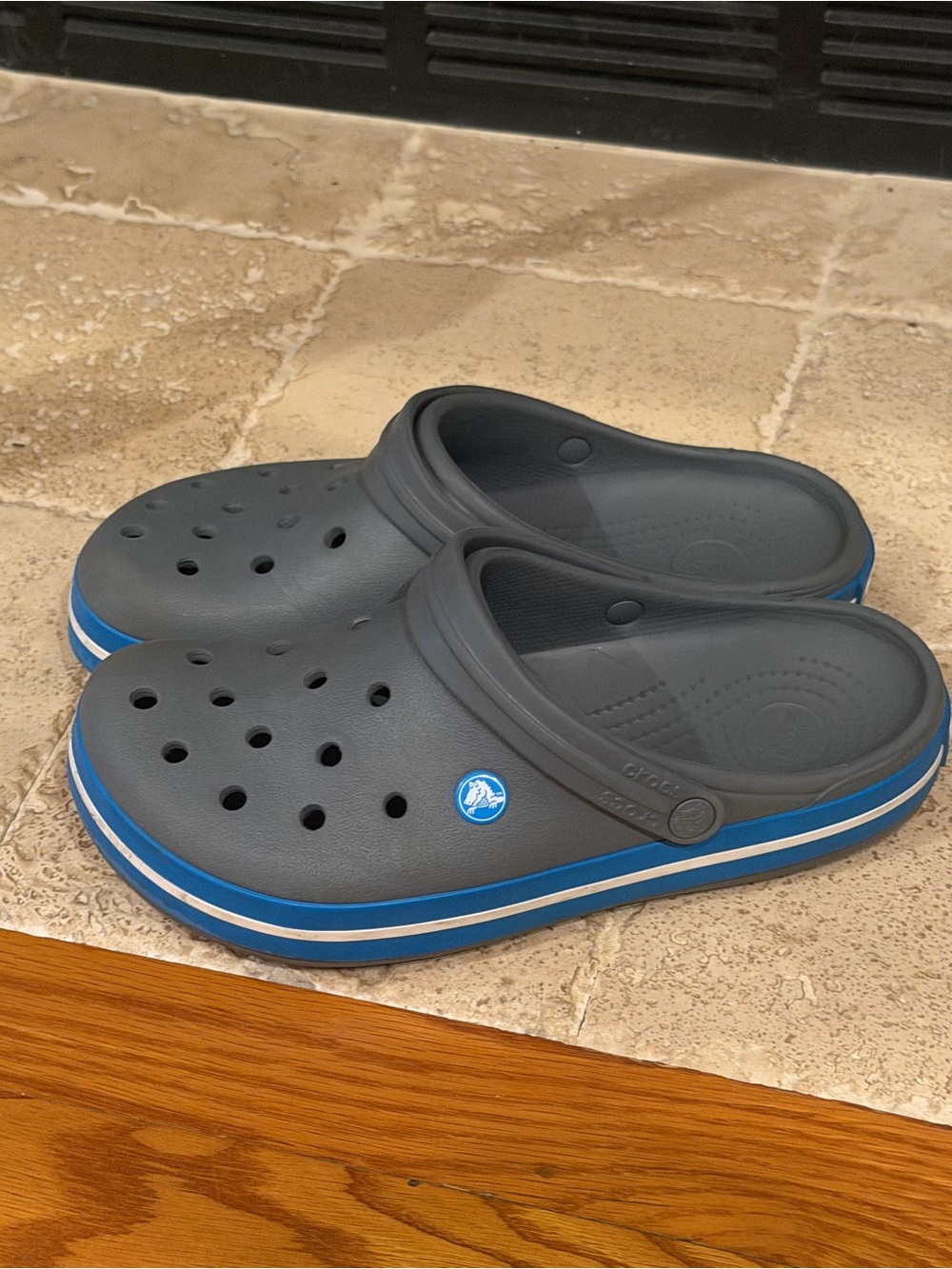 CROCS Classic Clog in Gray with Blue Trim